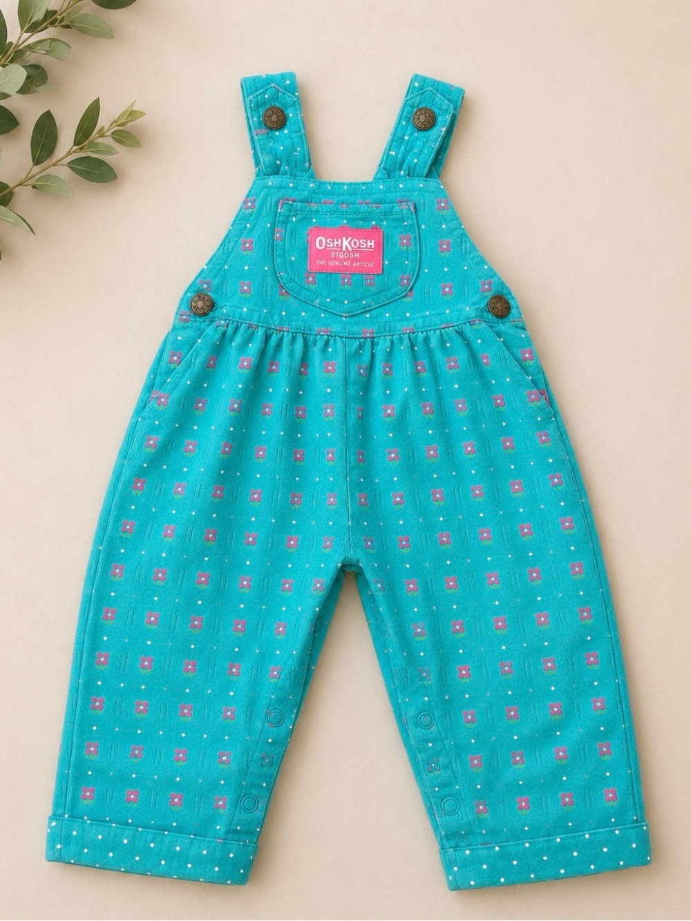 Vintage OshKosh B’gosh Aqua Floral Print Toddler Overalls Snap Leg Girls Romper